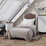 Dormitorio isabelino color blanco con cabecero de madera tapizado Dormitorio isabelino color blanco con cabecero de madera tapizado