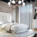 Dormitorio retro blanco con mesita de noche y cómoda. Cabecero moderno con cristal incrustado. Dormitorio retro blanco con mesita de noche y cómoda. Cabecero moderno con cristal incrustado.