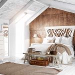Dormitorio retro color blanco con cabecero moderno de madera Dormitorio retro color blanco con cabecero moderno de madera