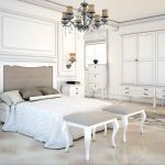 Dormitorio vintage color blanco, con cabecero tapizado y banquetas Dormitorio vintage color blanco, con cabecero tapizado y banquetas