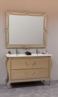 S07 - Mueble de baño vintage de 120 con dos senos. Mueble color champán envejecido. Espejo modelo caracol color champán envejecido. Mueble de bano vintage 120 dos senos champan envejecido