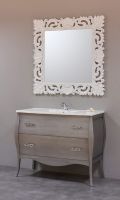 M01 - Mueble de baño estilo vintage con panza de 100. Color plata envejecida. Espejo modelo gran talla color blanco. Mueble bano vintage plata estilo madera