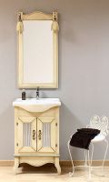 T06 - Mueble de baño romántico de 55 de puertas con visillos y espejo modelo Tajo con apliques. Color beige antiguo. Mueble-bano-pequeno-55-blanco-envejecido
