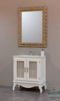 TR02 - Mueble de baño estilo antiguo color blanco. Espejo modelo Marquetería plateado viejo. Fondo reducido 39 cm. Mueble-bano-estilo-antiguo-blanco-visillo-puerta