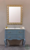 AR03 - Mueble de baño patas Luis XV color azul profundo envejecido. Espejo modelo Eslabones plateado viejo. Mueble-bano-madera-azul-envejecido
